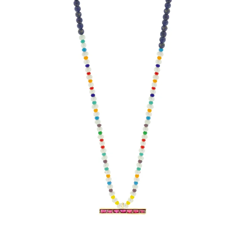 Ruby Baguette ID Bar on Lapis Beaded Necklace