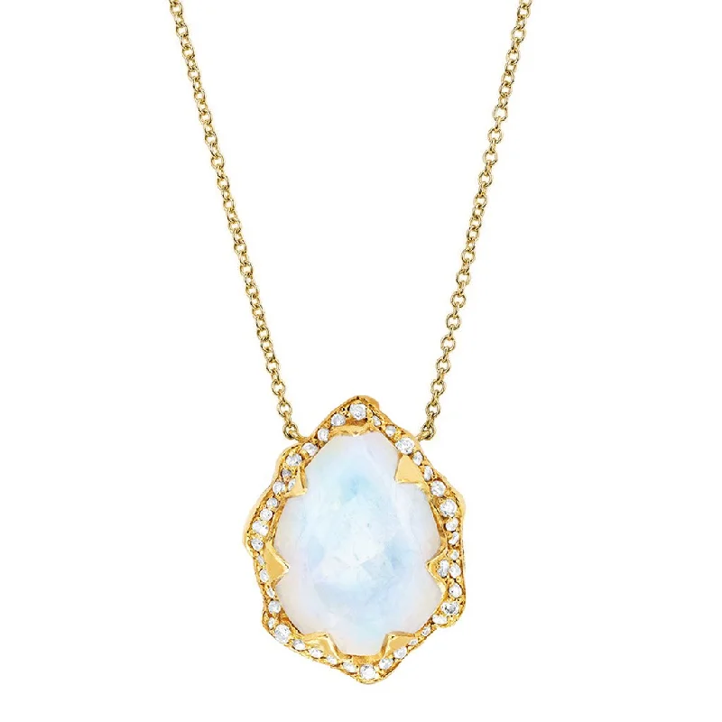 Queen Water Drop Moonstone Necklace with Full Pavé Diamond Halo