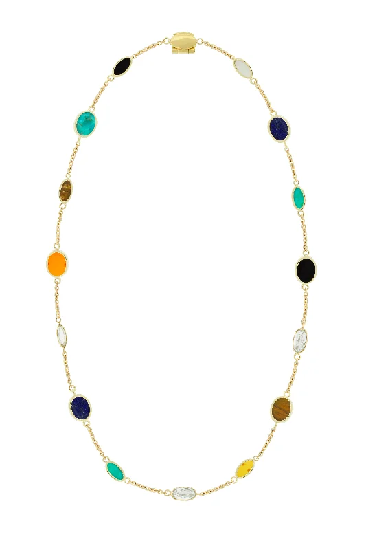 Multi Oval Gemstone Gold Chain Necklace with Diamonds