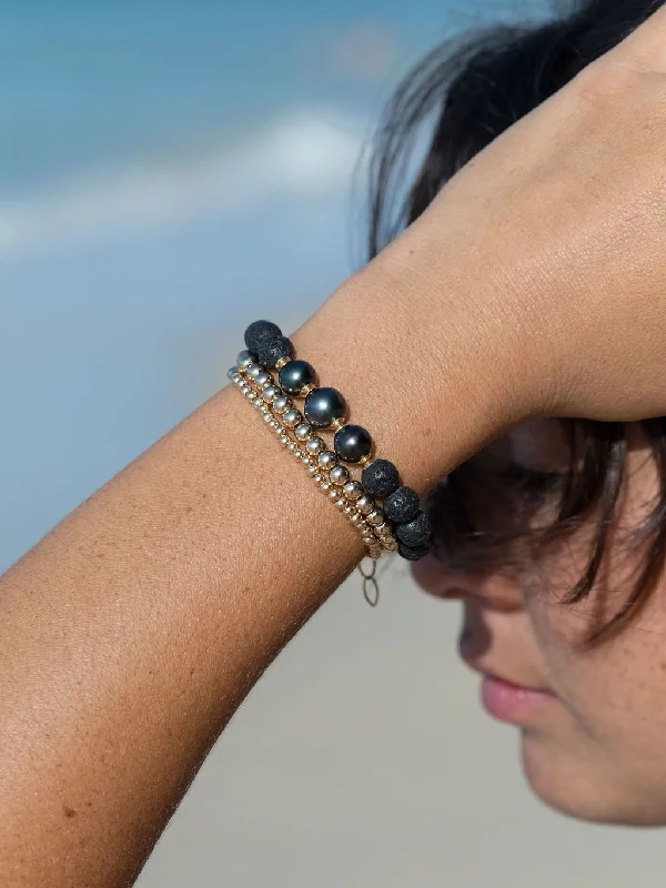 Triple Tahitian Pearl and Lava Bead Bracelet - Kalani