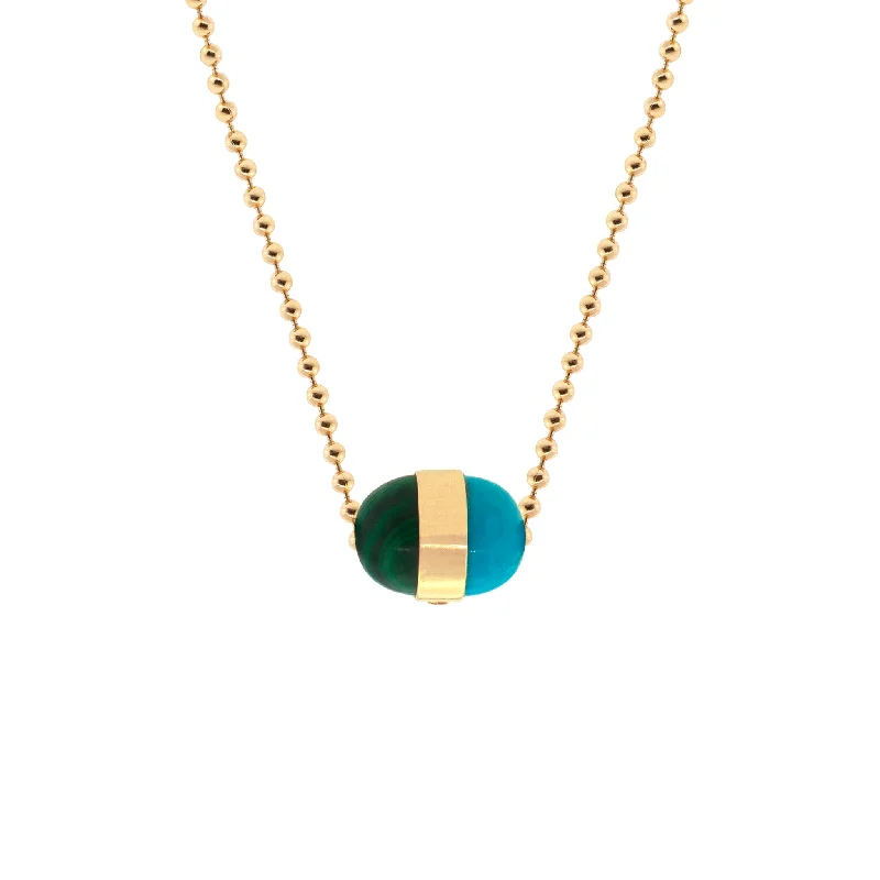 Turquoise/Malachite Pendant On A Gold Ball Chain Necklace