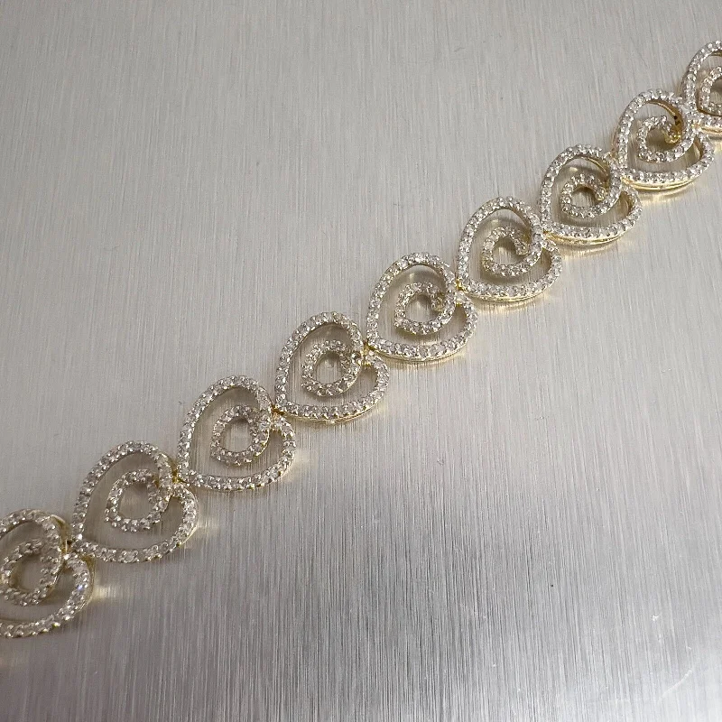 Vintage 14k Yellow Gold Diamond Swirl Heart Link Bracelet 0.35ctw H I1 7"