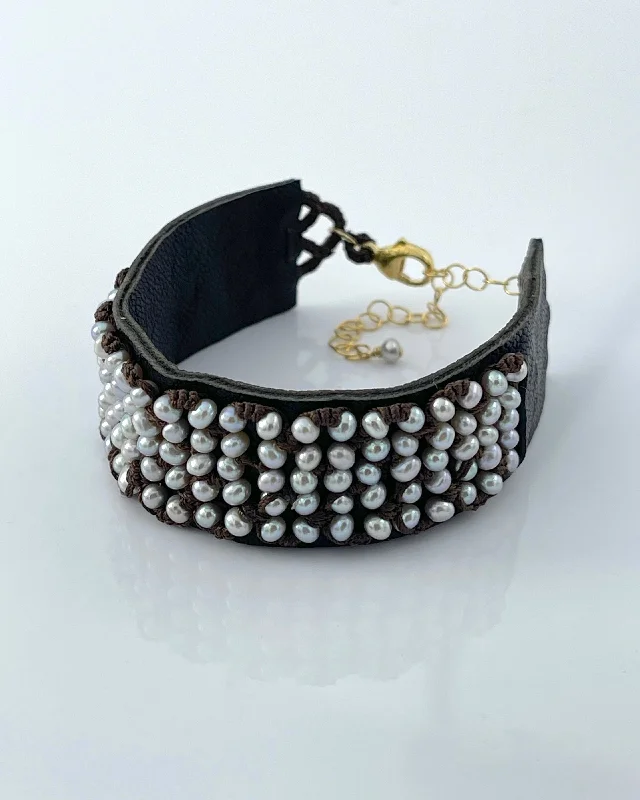 Danielle Welmond Silver Pearls on Brown Leather Bracelet