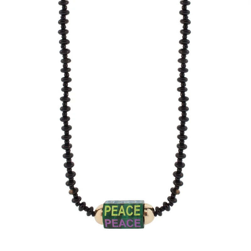 Enameled "Peace" Malachite Hexagon Beaded Necklace