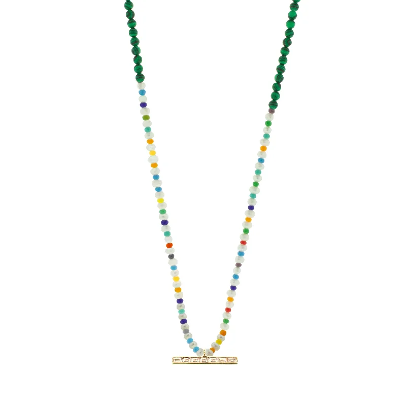 TLC Diamond Baguette ID Bar on Pearl Malachite Beaded Necklace