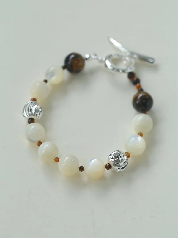 Smooth Mother of Pearls and Silver Shell Beaded OT Bracelet