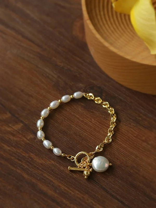 Spliced Chain Pearl Y Gold Bracelets