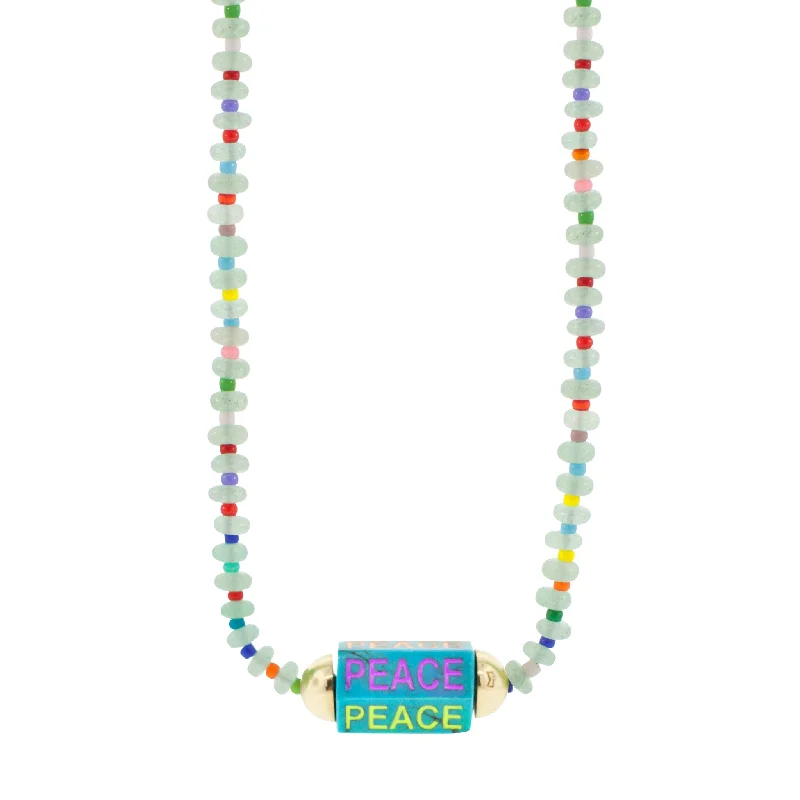 Enameled "Peace" Turquoise Hexagon Beaded Necklace