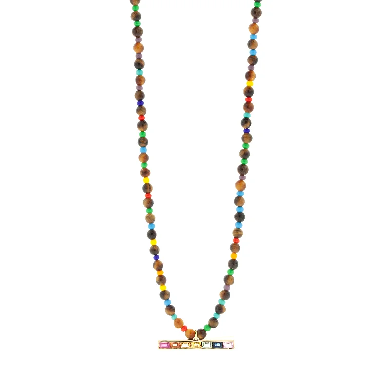 Rainbow Sapphire Baguette ID Bar on Tiger's Eye Beaded Necklace