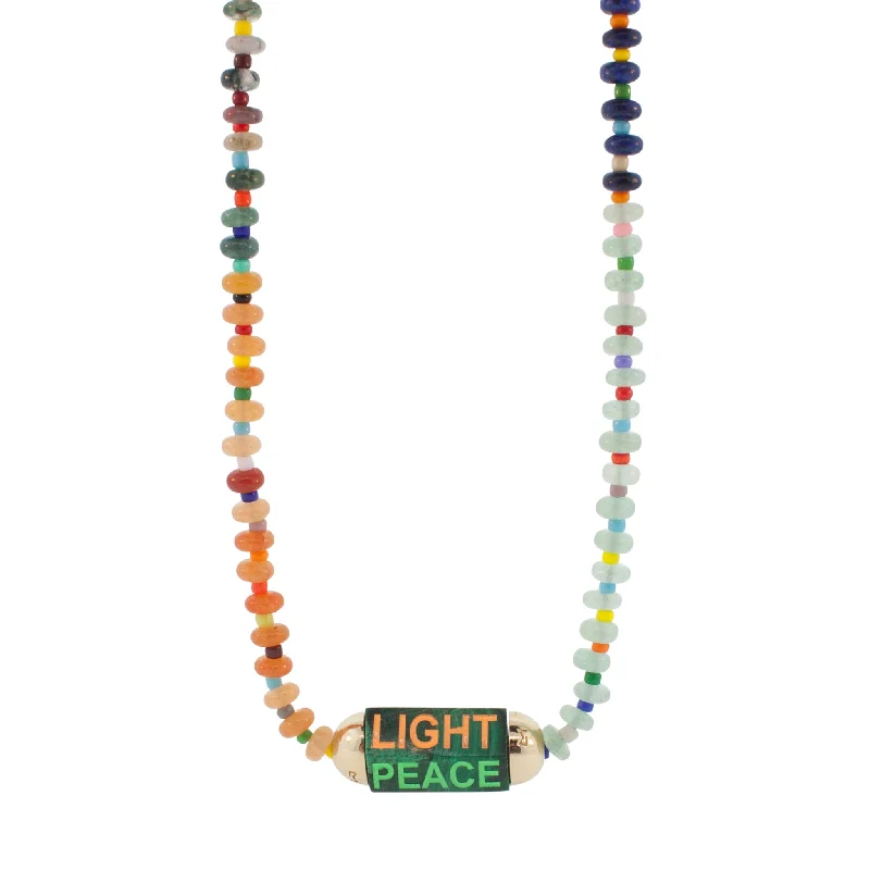 Enameled "Peace & Light" Malachite Hexagon Beaded Necklace