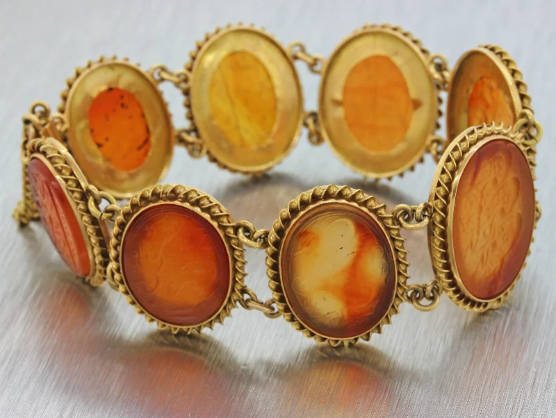 1890s Persian Antique Victorian 22k Yellow Gold Carved Orange Agate Bracelet