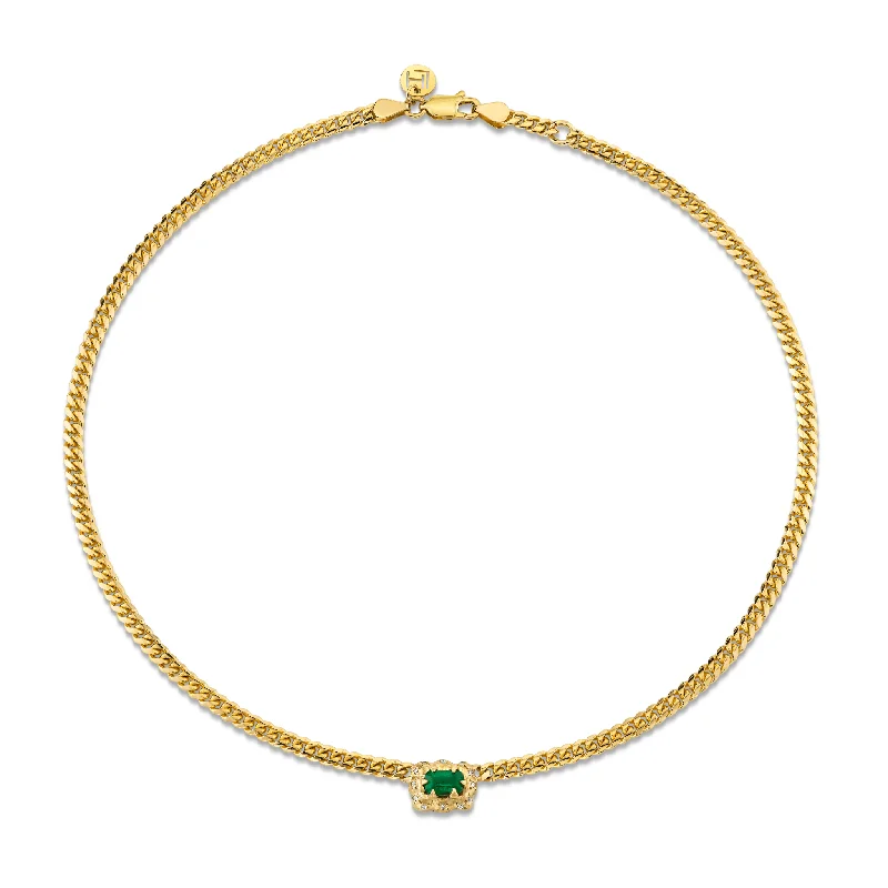 Micro Queen Emerald Cuban Choker Sprinkled Pave Halo