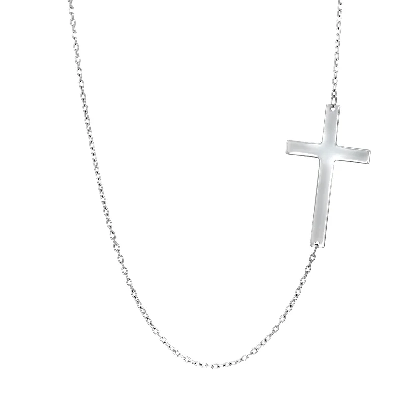 Sideways Cross Oval Cable Link Chain Necklace in White Gold