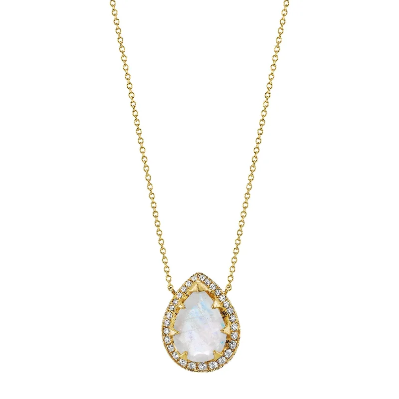 18k Classic Queen Moonstone Water Drop Necklace with Large Full Pave Halo | Ready to Ship