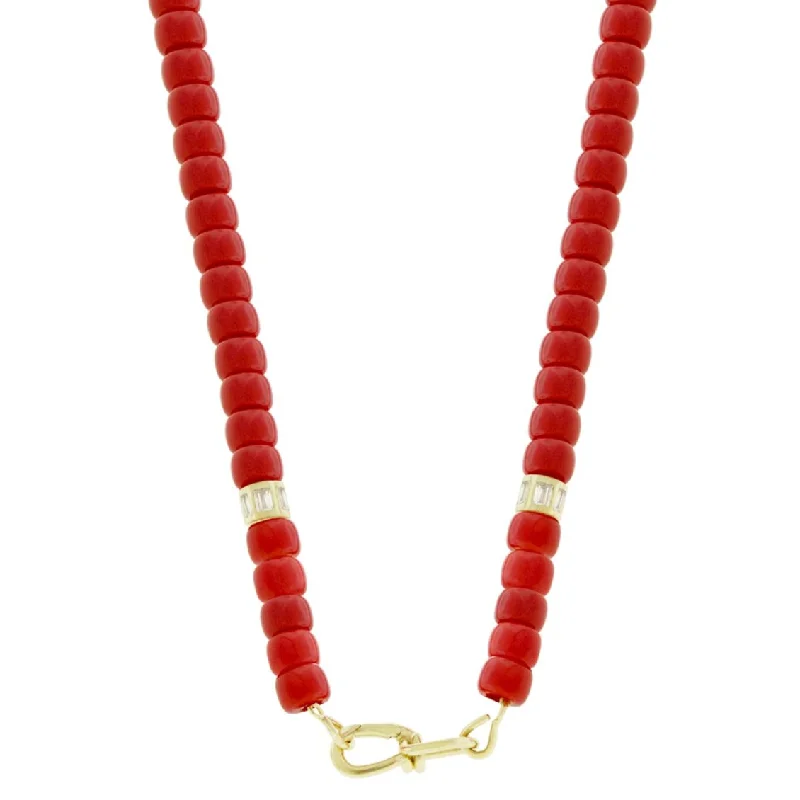 Wire Clasp on Red Glass Bead Necklace with Diamond Barrels