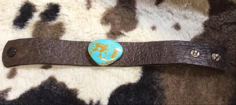 Large Turqoise Stone & Brown Leather Bracelet