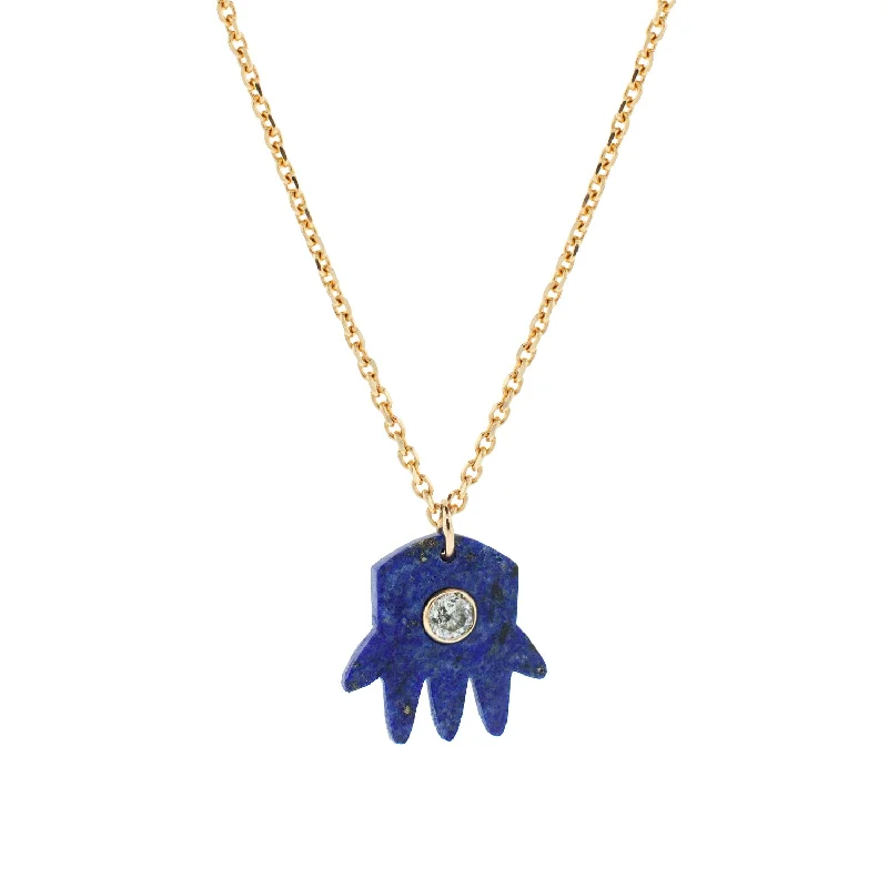 Lapis Hand and White Diamond Pendant Necklace