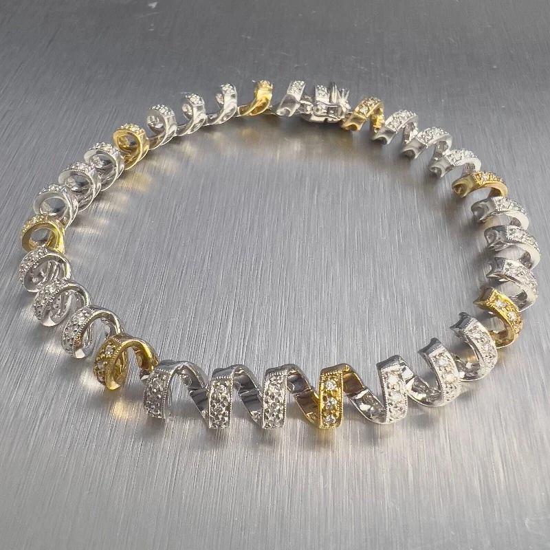 14k White & Yellow Gold Diamond Twist Swirl Link Bracelet 0.80ctw 7" 17g