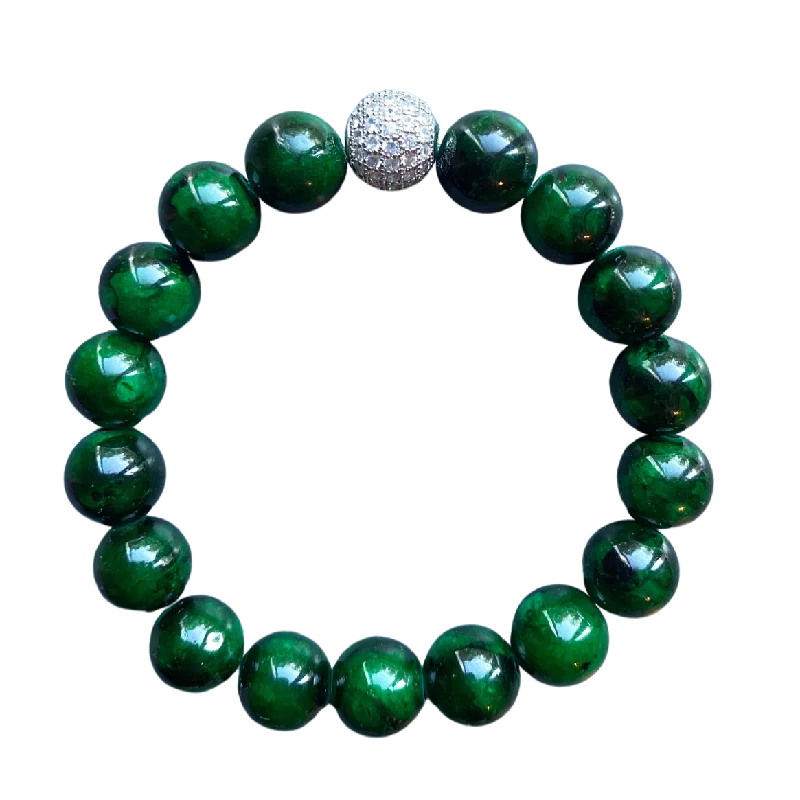 Silver Pave Dark Green Mountain Jade 10mm