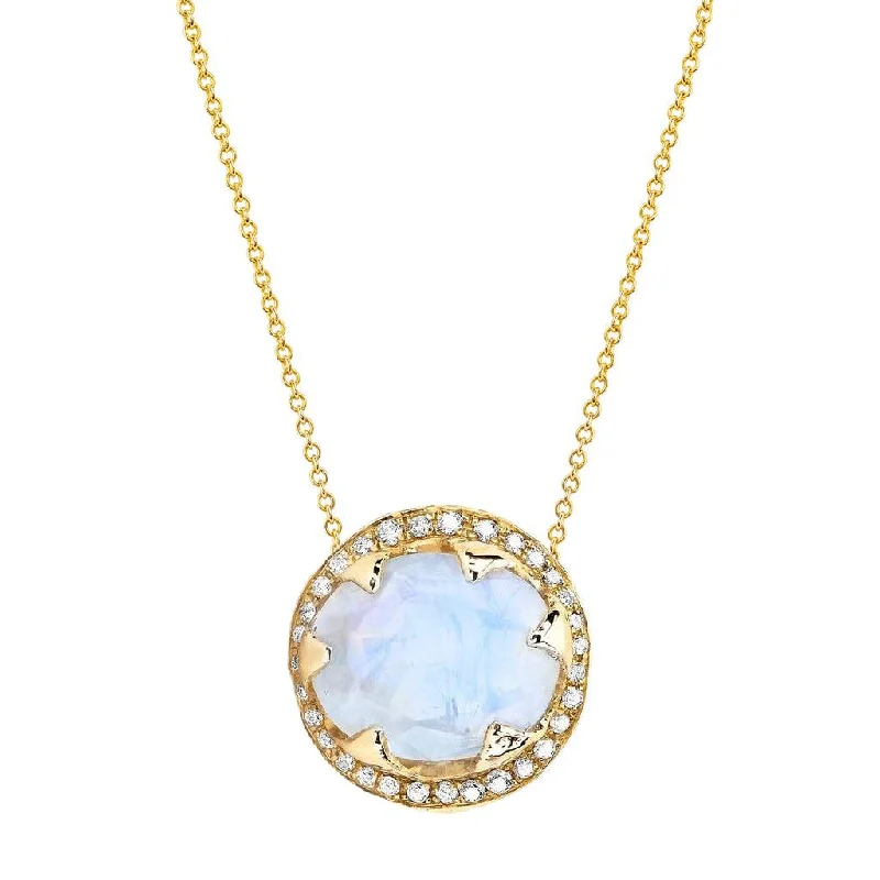 Queen Oval Moonstone Necklace with Full Pavé Diamond Halo