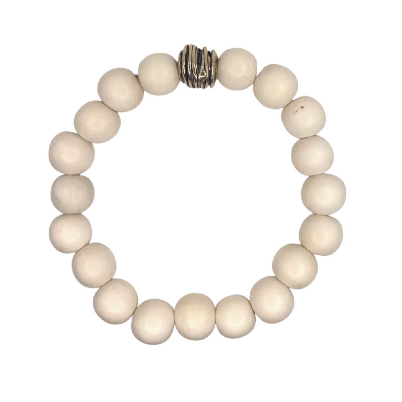 Gold Artisan Wire Bead White Wood Round 10mm Bracelet