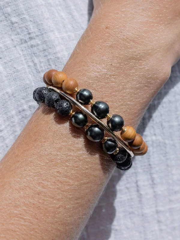 Triple Tahitian Pearl and Sandalwood Bead Bracelet - Kalani