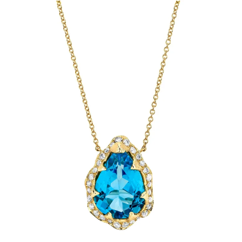 Queen Water Drop Blue Topaz Necklace with Full Pavé Diamond Halo