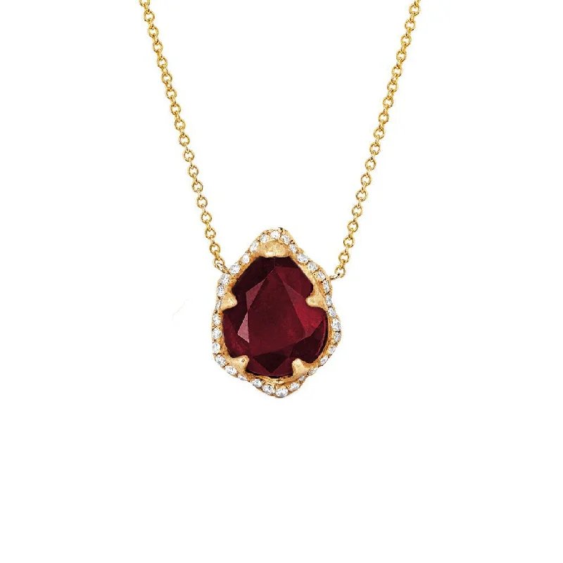 Baby Queen Water Drop Ruby Necklace with Full Pavé Diamond Halo | Ready to Ship