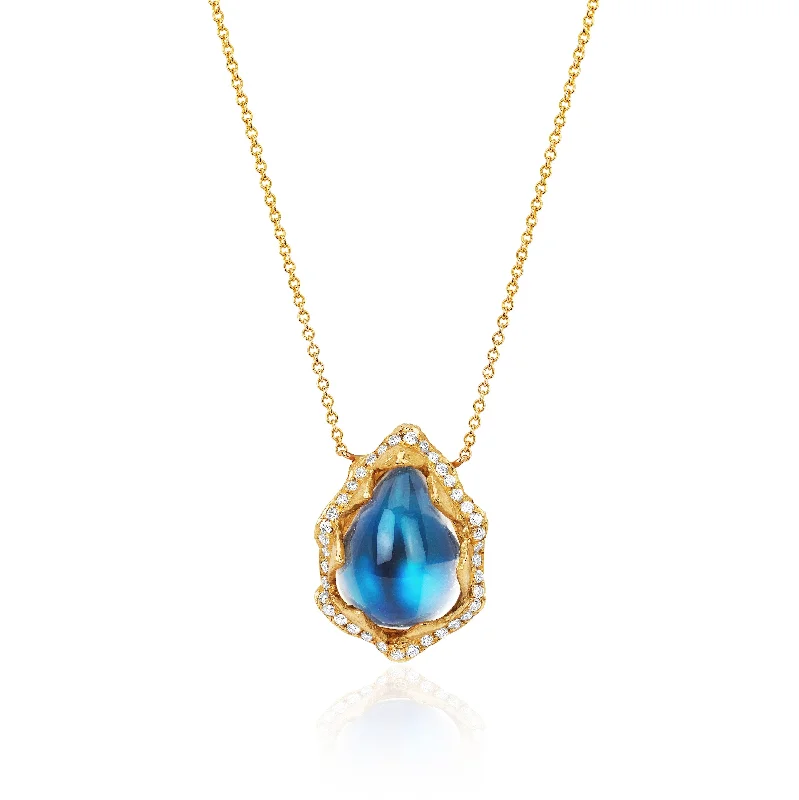 18k Queen Water Drop Blue Sheen Moonstone Necklace with Full Pavé Halo | Ready to Ship