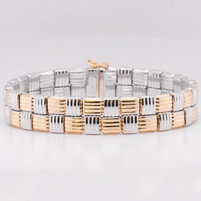 Superoro 14k White & Yellow Gold Checkered Link Bracelet 7.5" 12.00mm ITALY