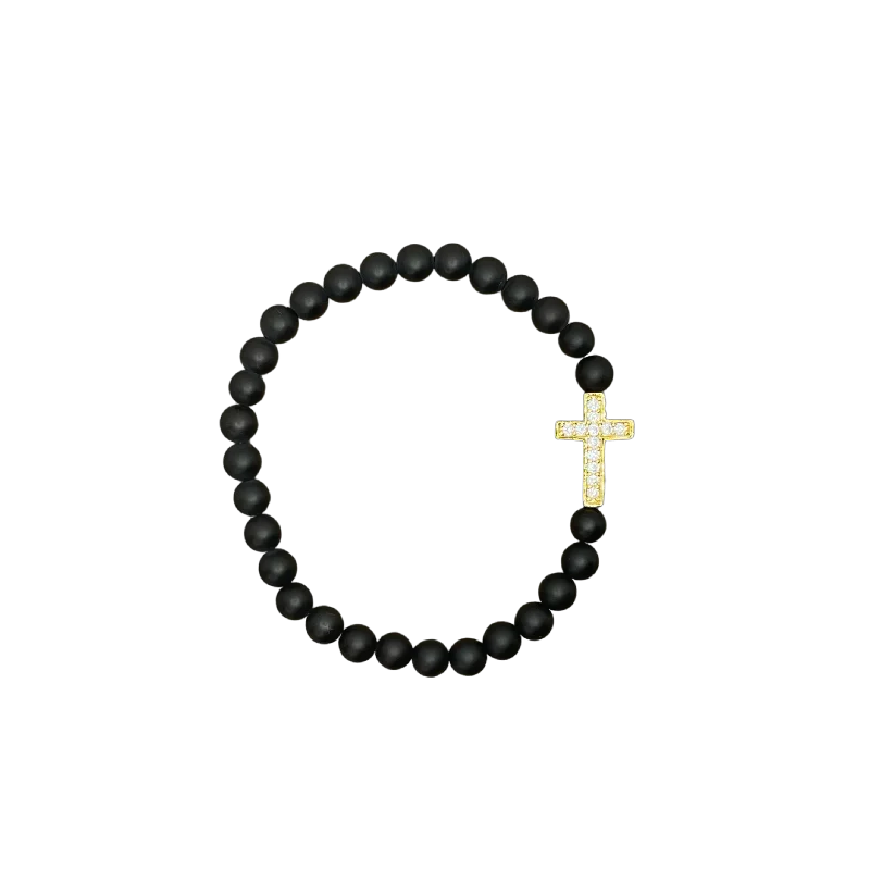 Small Gold Pave Cross Matte Black 6mm