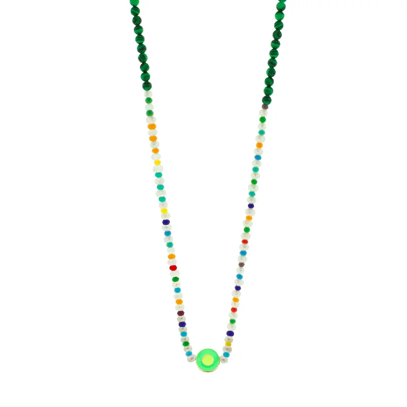 Enameled Neon Green Evil Eye Disk on Beaded Necklace