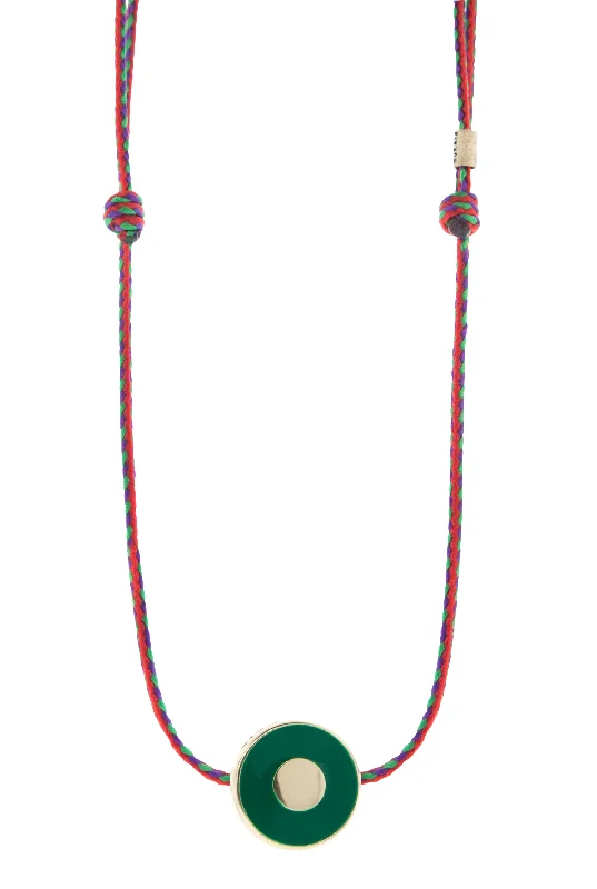 Large Evil Eye Disk on Adjustable Cord Necklace with Green Enamel