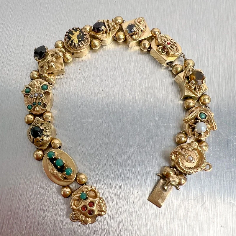 Vintage 14k Yellow Gold Pearl & Gemstones Lion Snake Crown Charm Bracelet 30g