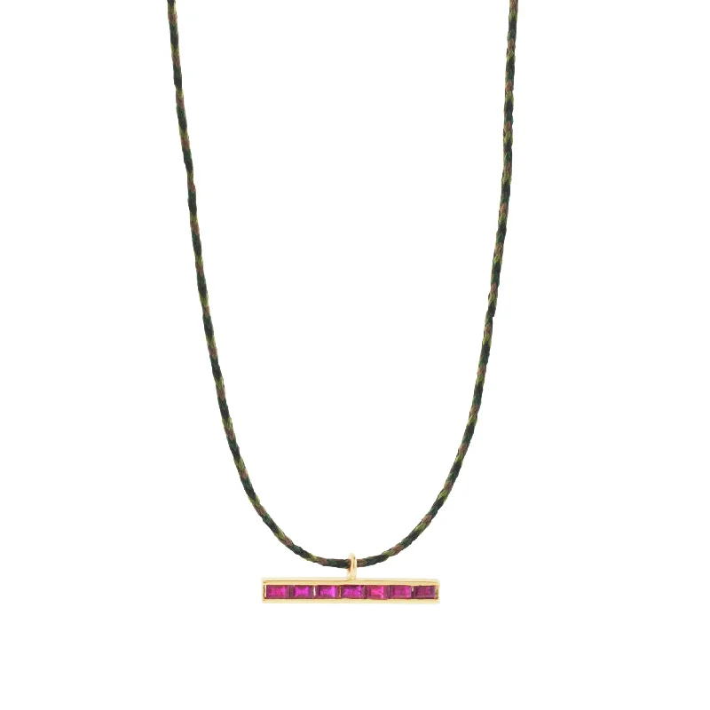 Ruby Baguette ID Bar on Army Cord Necklace