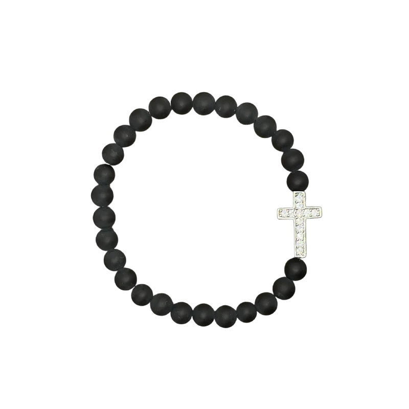 Small Silver Pave Cross Matte Black 6mm Bracelet