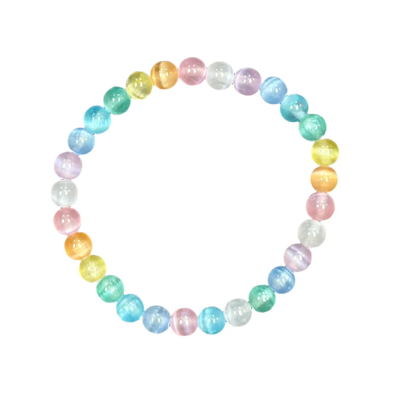 Pastel Rainbow Sixlets Selenite 6mm Bracelet